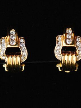Nina Ricci Gold Tone Buckle Ear Clips With Clear Crystals - Signed